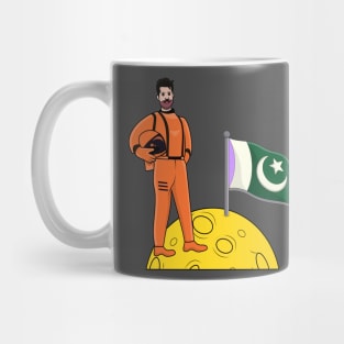 Astronaut standing with flag on moon vector illustration. Mug